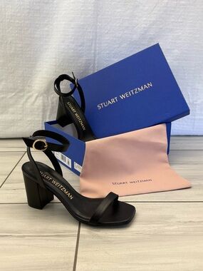 Stuart Weitzman Black Leather Ankle-Strap Block Heel Sandals